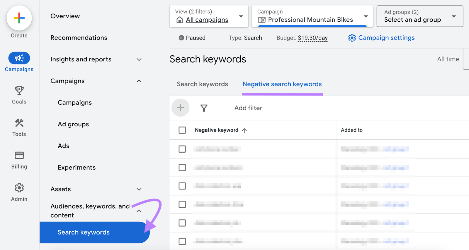"Negative search keywords" tab selected under &ldquo;Search keywords&rdquo; screen