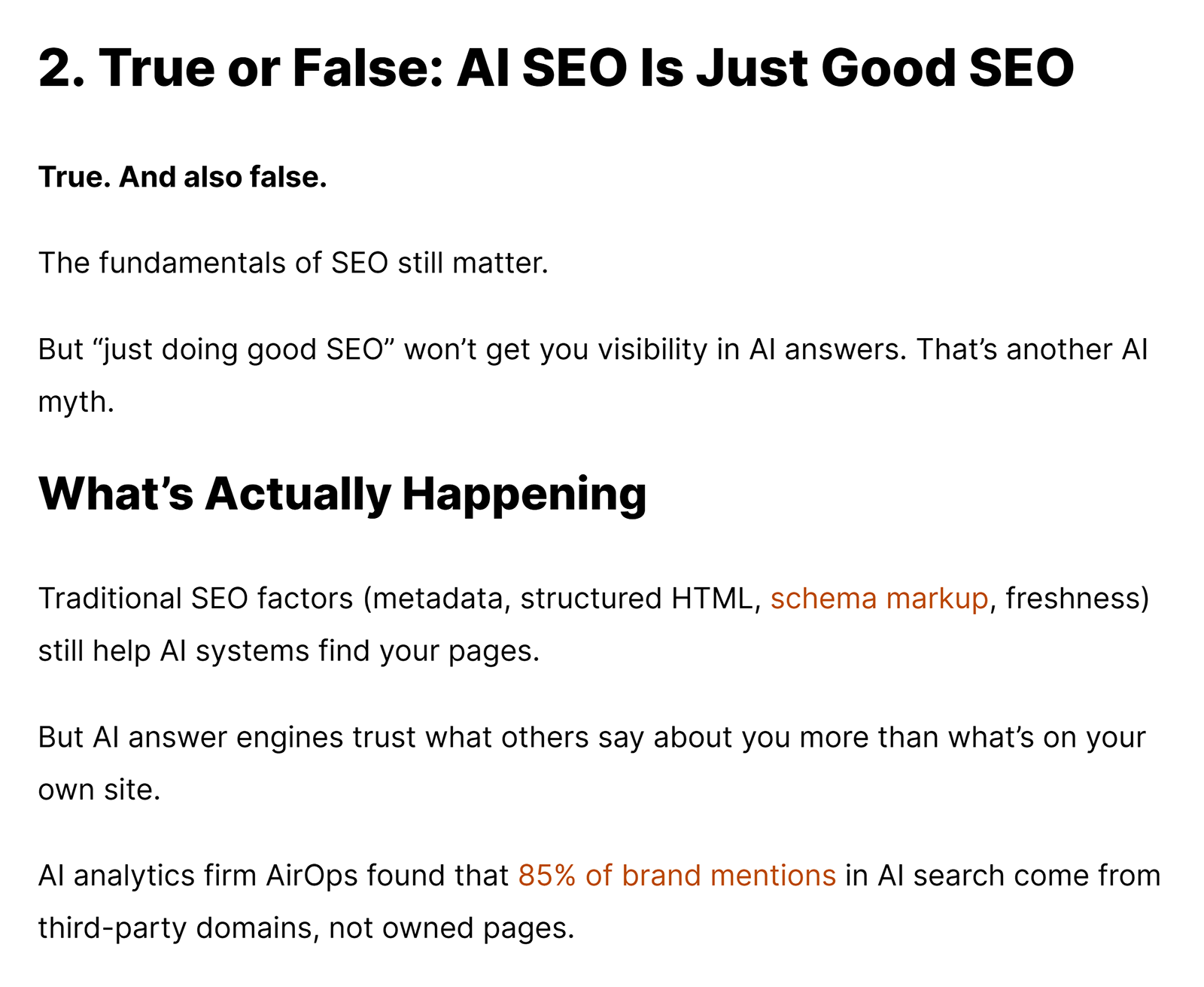 Blog section labeled &lsquo;True or False&rsquo; breaking down an AI SEO myth with clear explanations.