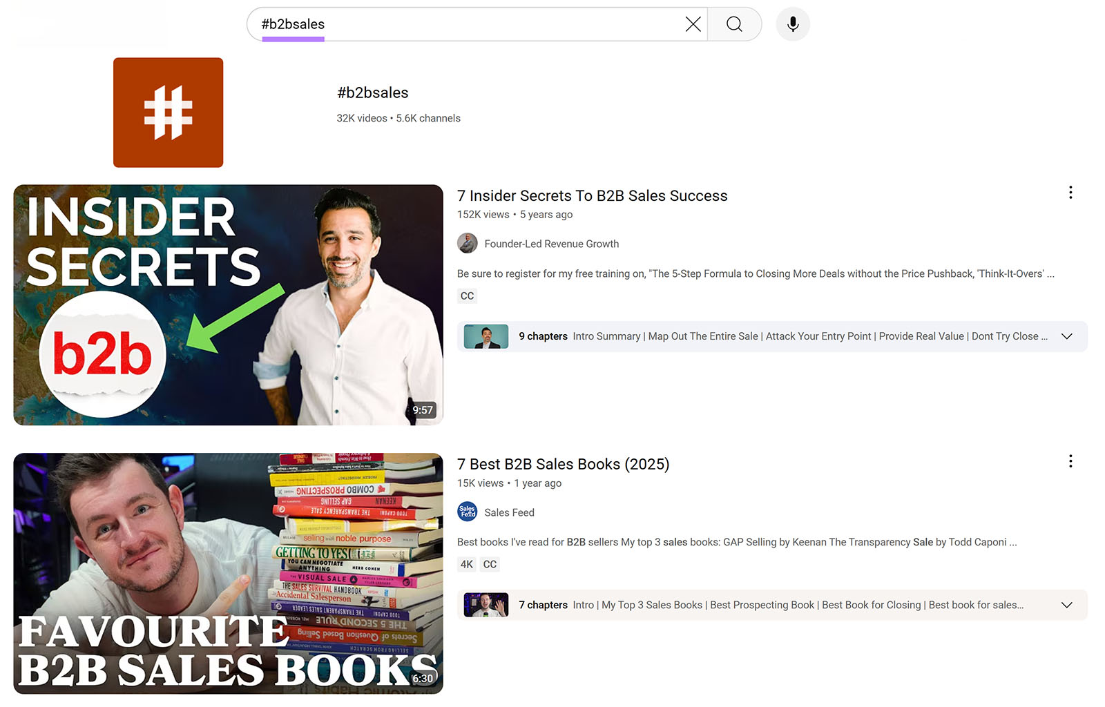 YouTube search results for &ldquo;#b2bsales&rdquo; showing two video thumbnails and related views.