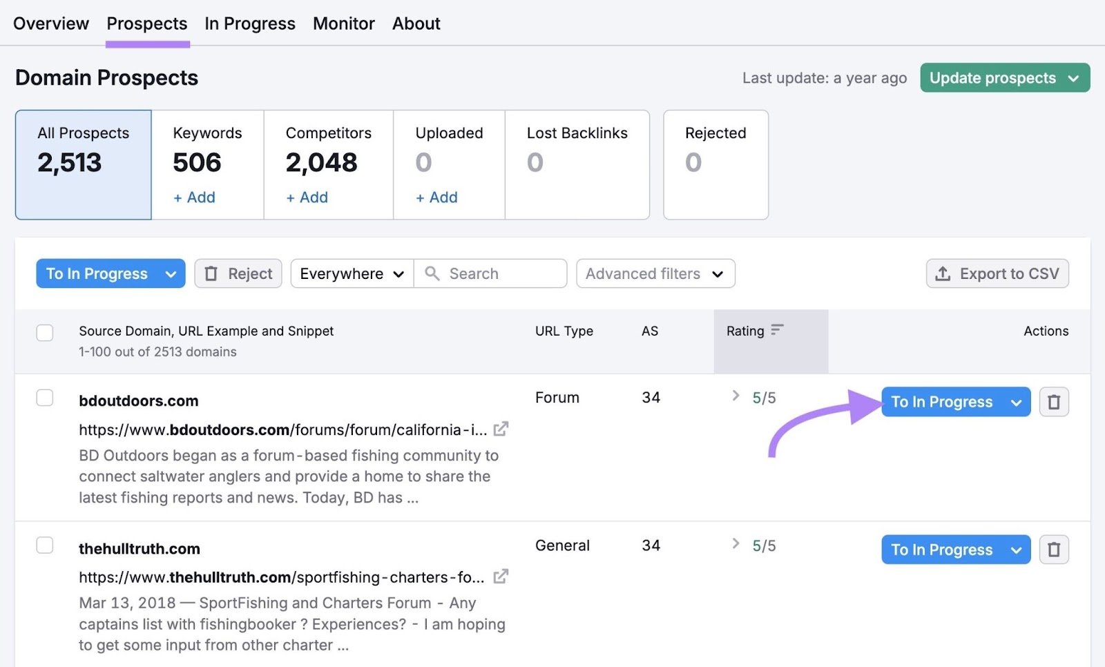 "Prospects" tab on the Link Building Tool with &ldquo;To In Progress&rdquo; next to a URL clicked.