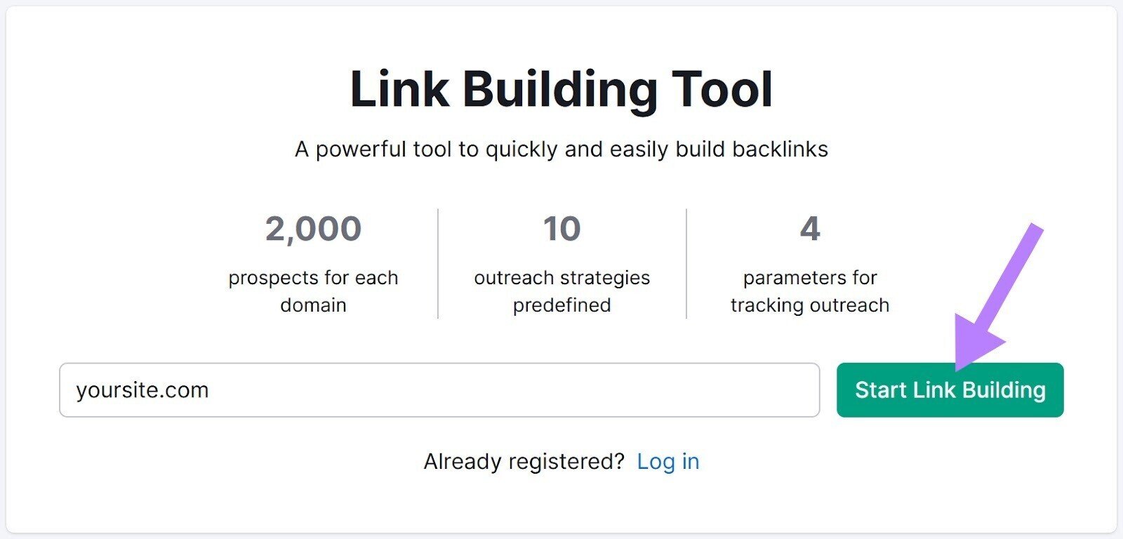 screenshot of Link Building Tool search bar with “Start Link Building” button