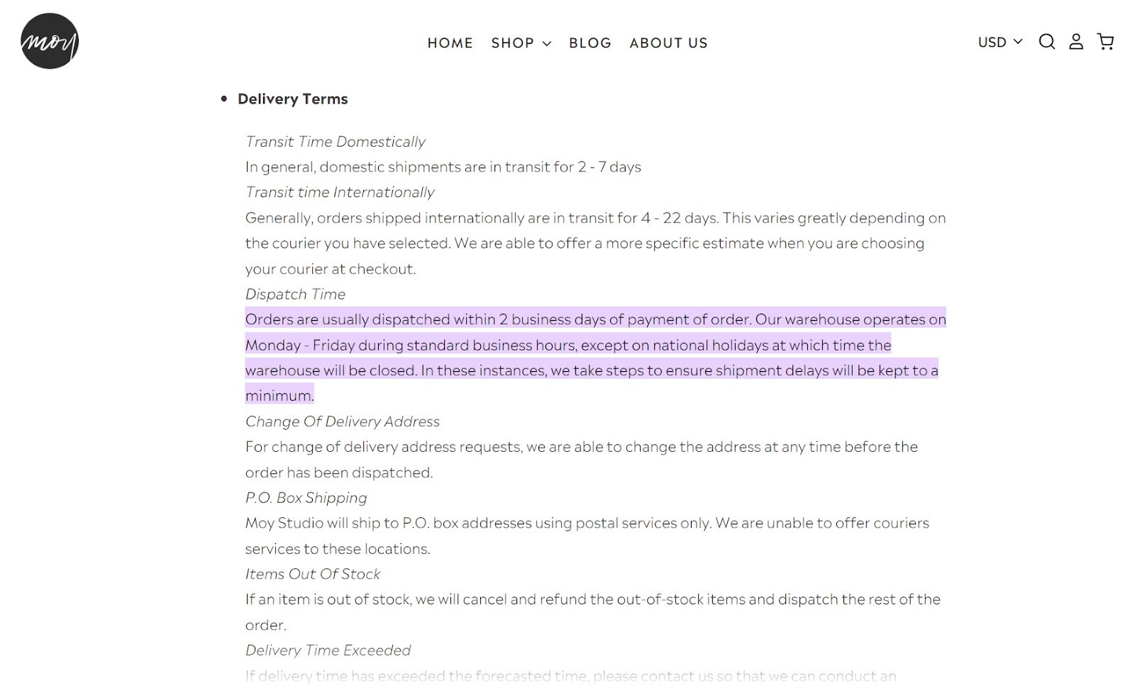 A section of shipping and delivering policy from Moy Studio's site