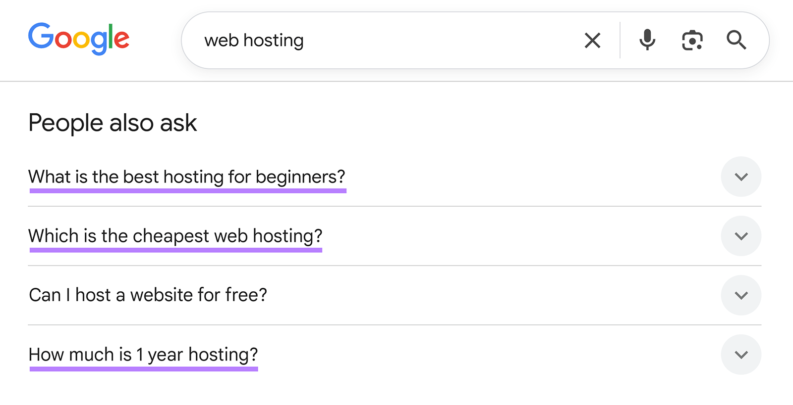 Google &ldquo;People also ask&rdquo; section with questions about web hosting and pricing
