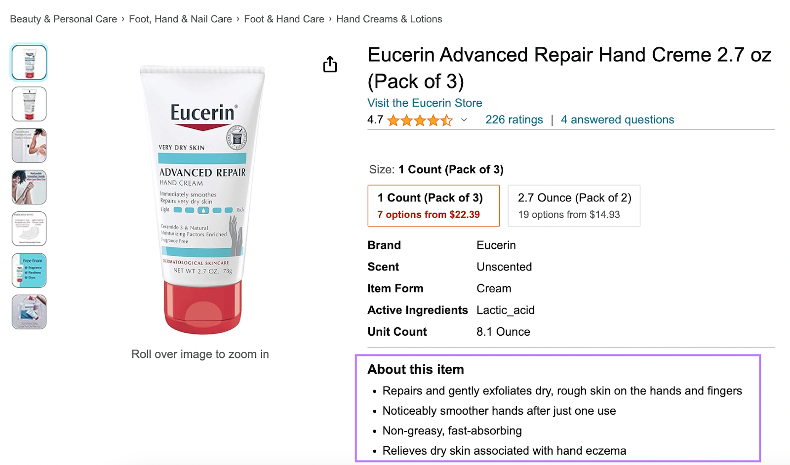 Eucerin&rsquo;s hand cream listing on Amazon