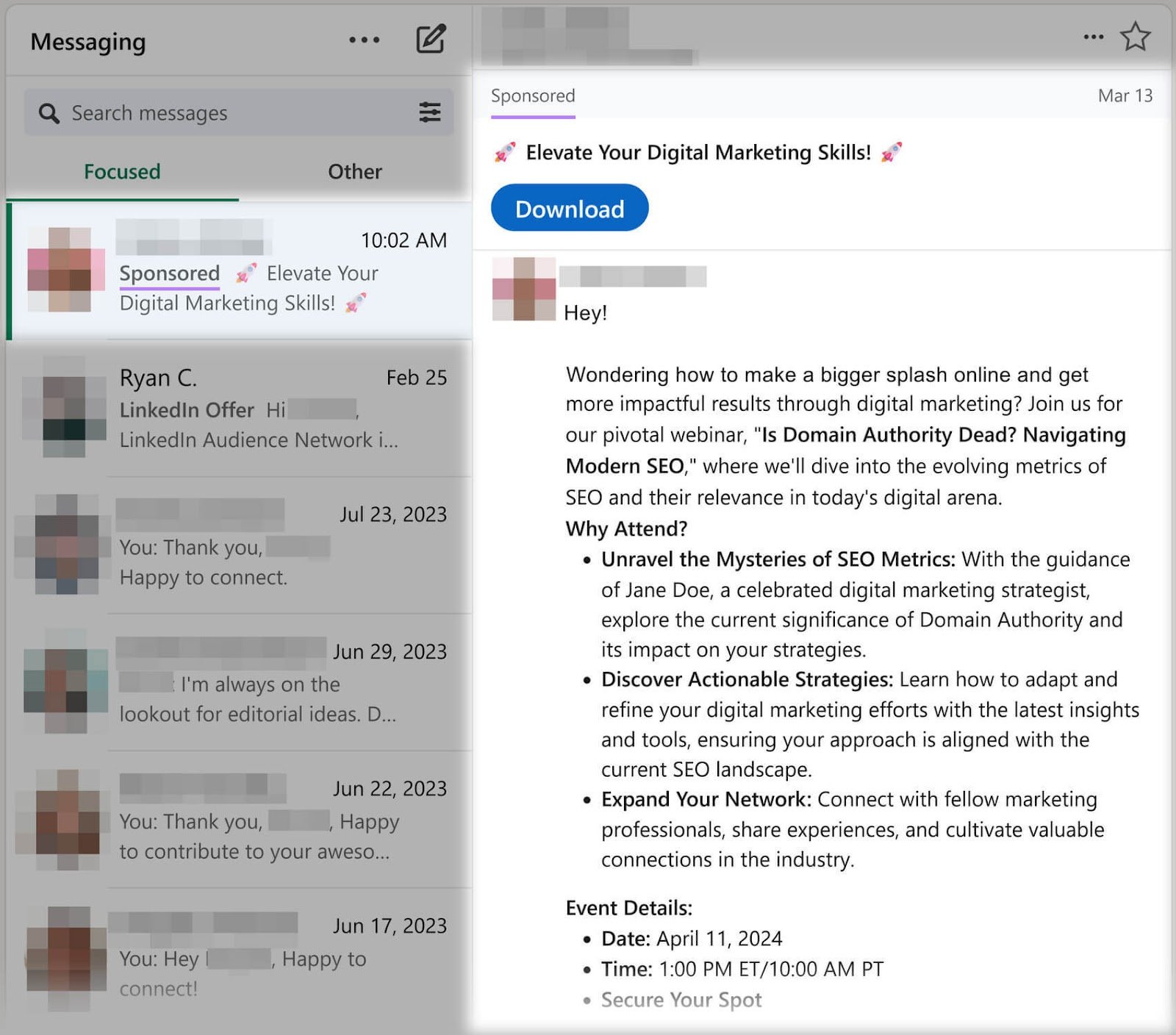 A LinkedIn message ad titled "Elevate Your Digital Marketing Skills"