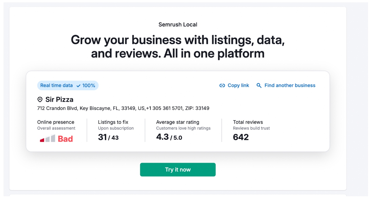 Click &ldquo;Try it now&rdquo; to sign up for Semrush&rsquo;s Listing Management tool.