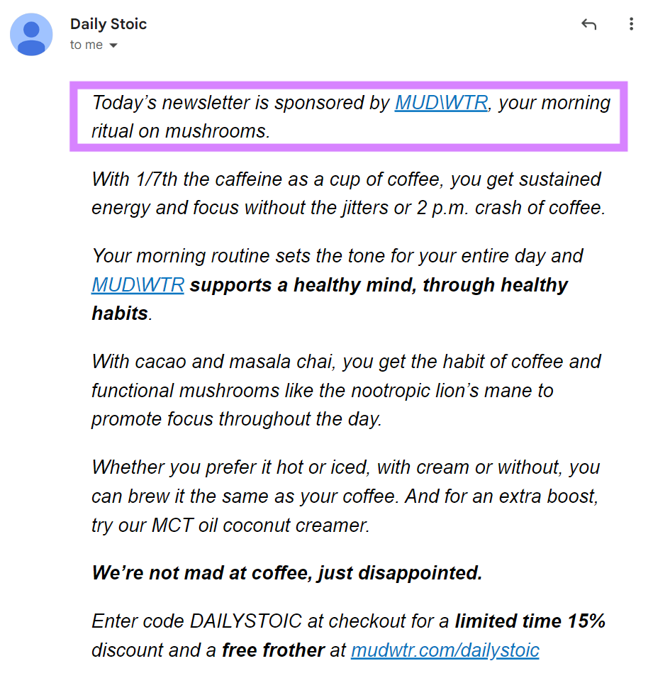 A newsletter ad from Ryan Holiday&rsquo;s Daily Stoic newsletter