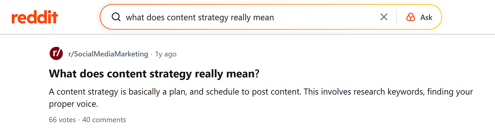 Reddit search results page showing a discussion thread answering &ldquo;What does content strategy really mean?&rdquo;