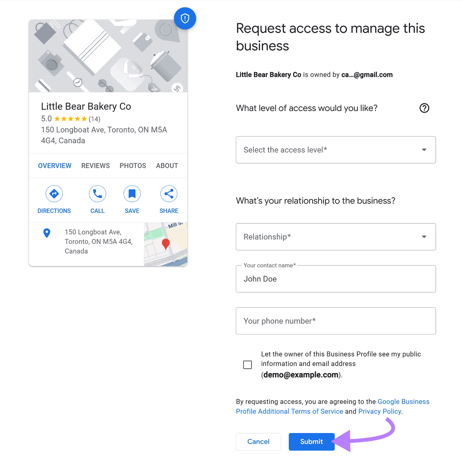 Request access form with arrow pointing to &ldquo;Submit&rdquo; button.
