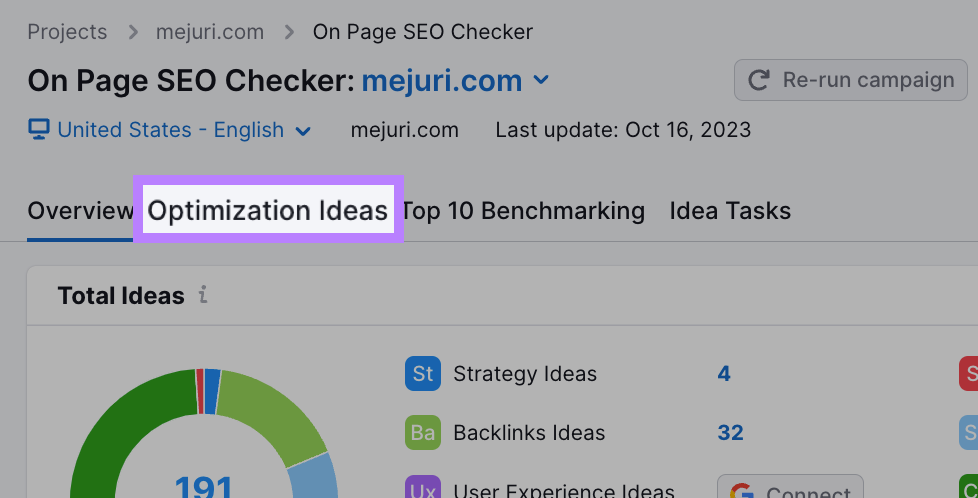 &ldquo;Optimization Ideas&rdquo; tab selected in On Page SEO Checker