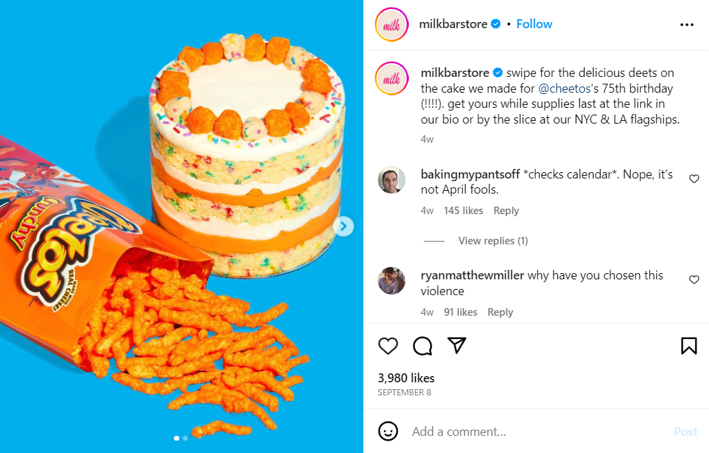 Milk Bar&rsquo;s Instagram post about cheetos cake