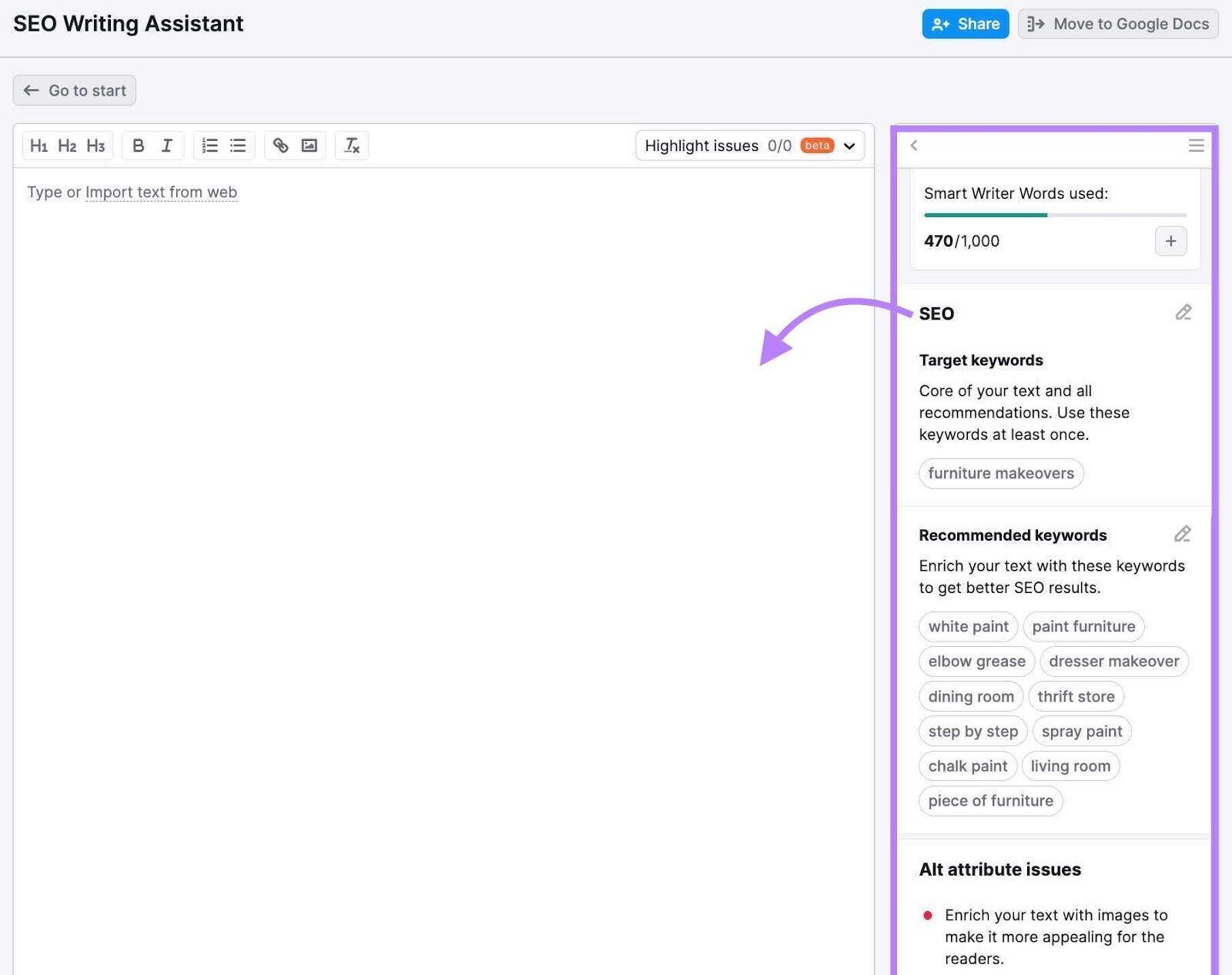 SEO Writing Assistant provides tips like which keywords to include in your writing and how long your article should be