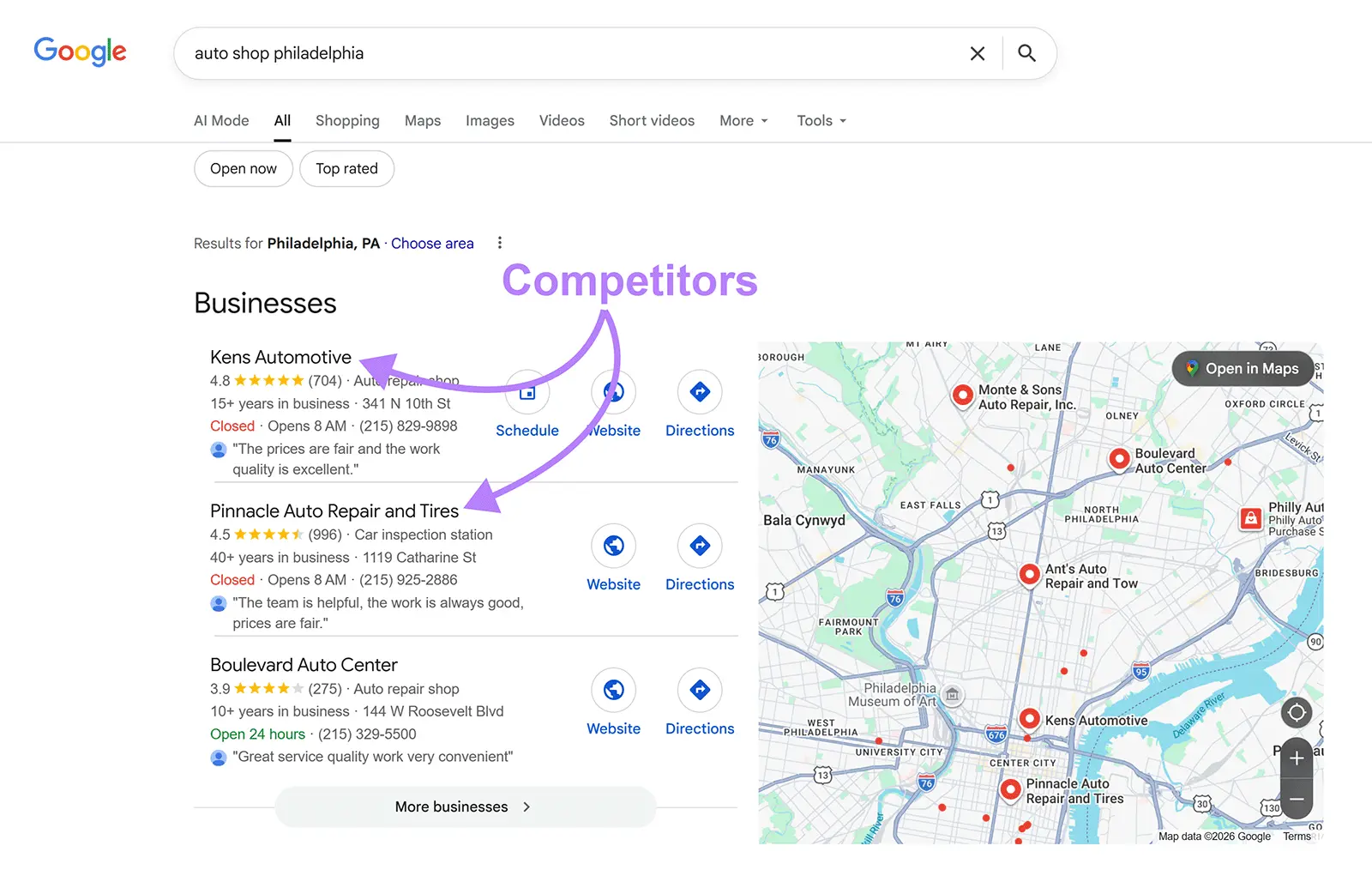 Google SERP for the term "auto shop philadelphia" with the business's in the local pack highlighted.