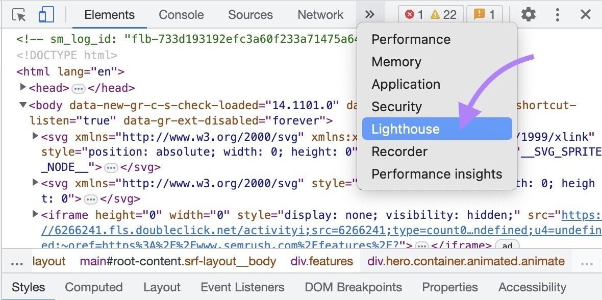 lighthouse in panel&rsquo;s toolbar highlighted