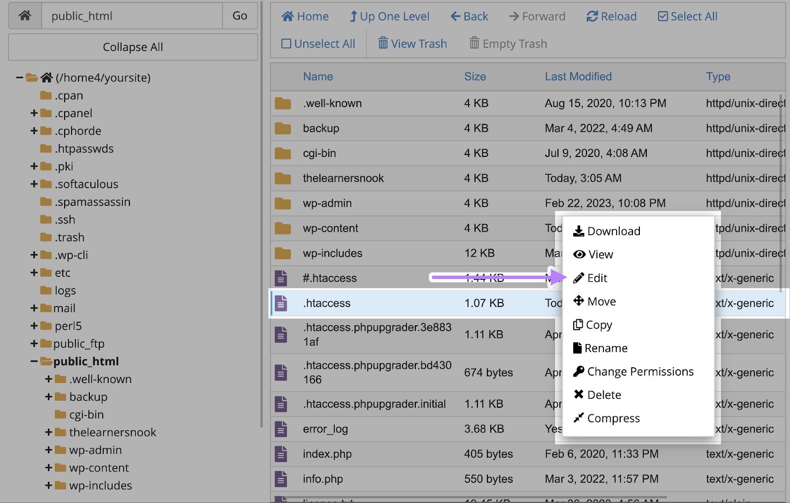 The ".htaccess" file on cPanel right-clicked and "Edit" selected from the options that appear.