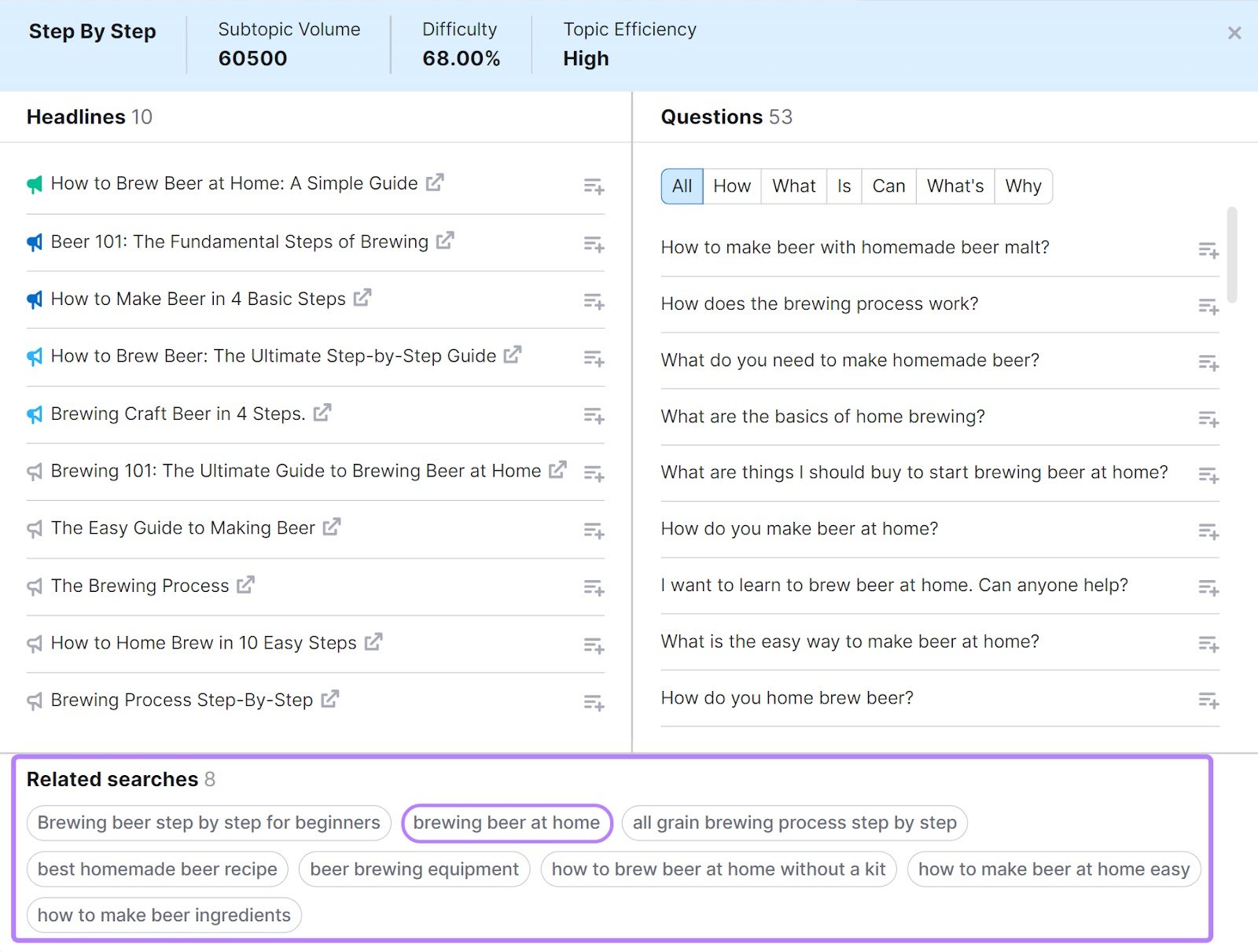 "Headlines," "Questions," and &ldquo;Related searches" sections for brewing beer "step by step" idea
