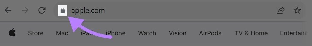 Padlock next to Apple&rsquo;s URL highlighted