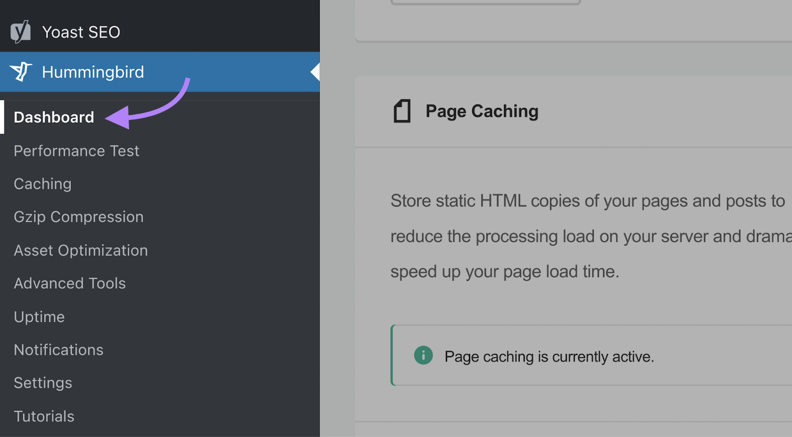 &ldquo;Hummingbird&rdquo; highlighted on the WordPress dashboard menu.