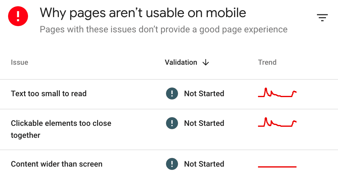 "Why pages aren&rsquo;t usable on mobile" section of Mobile Usability report