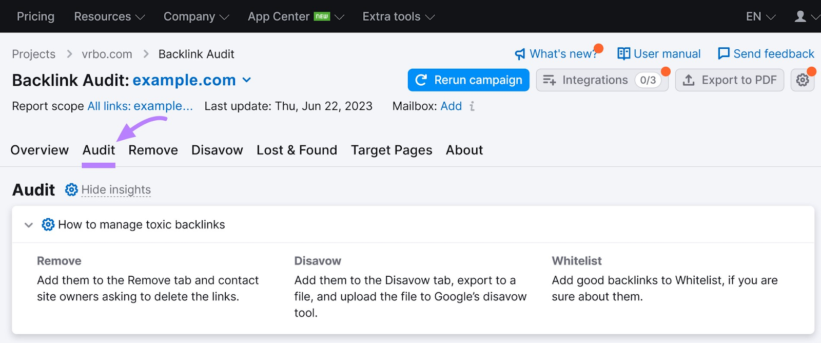 &ldquo;Audit&rdquo; tab in the Backlink Audit tool