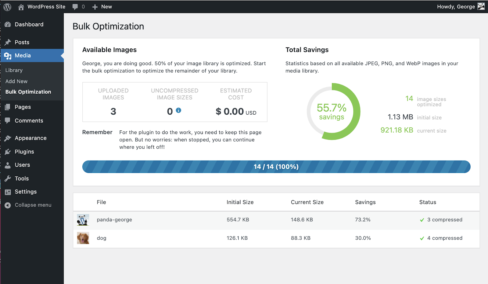 "Available images" and "Total savings" section shown in &ldquo;Bulk Optimization&rdquo; plugin