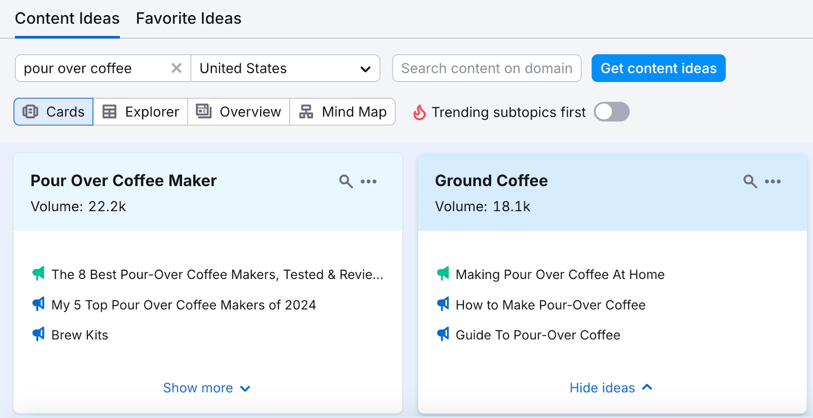 Topic Research overview for &ldquo;pour-over coffee,&rdquo; showing related topic cards