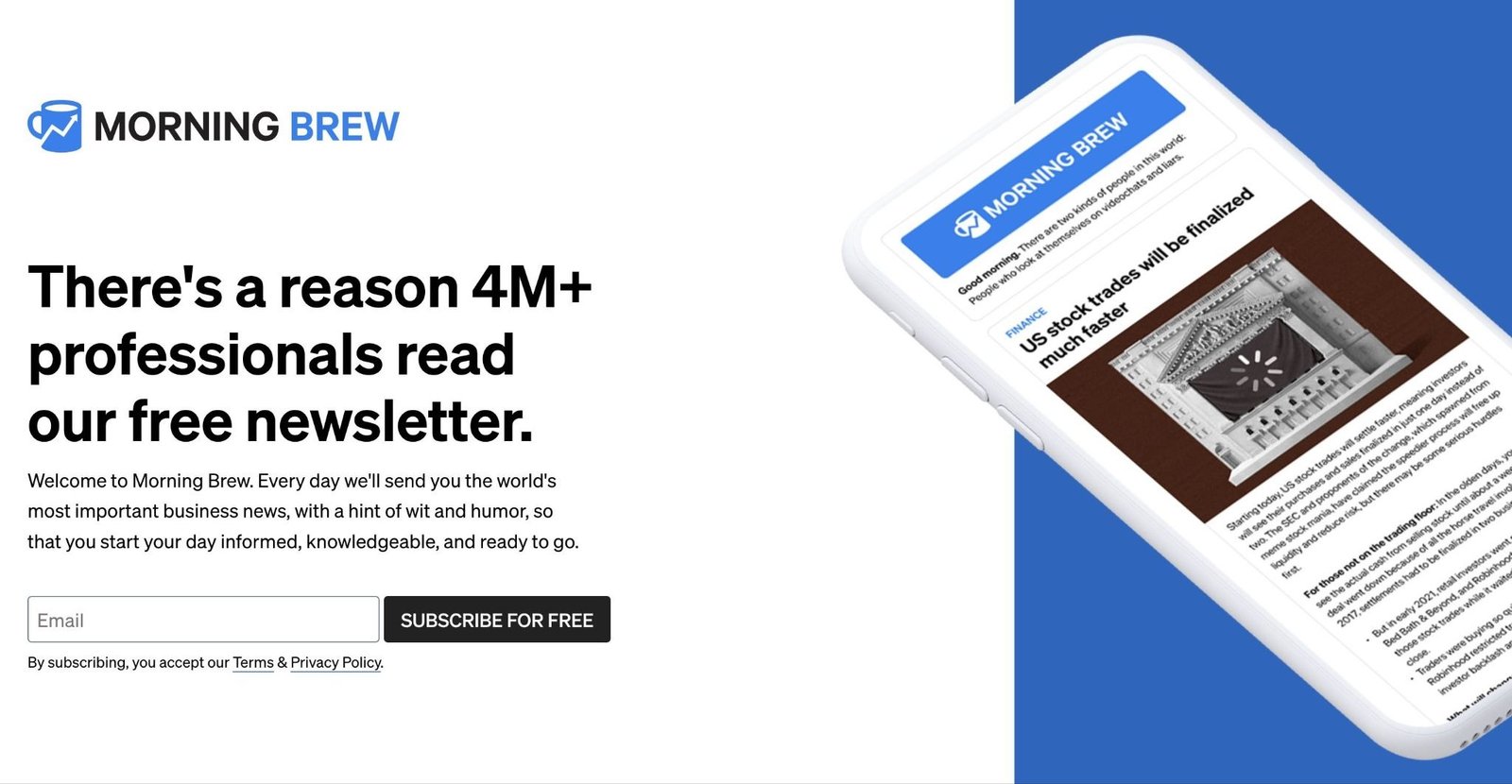 A squeeze page by Morning Brew using minimal copy and a single form field.