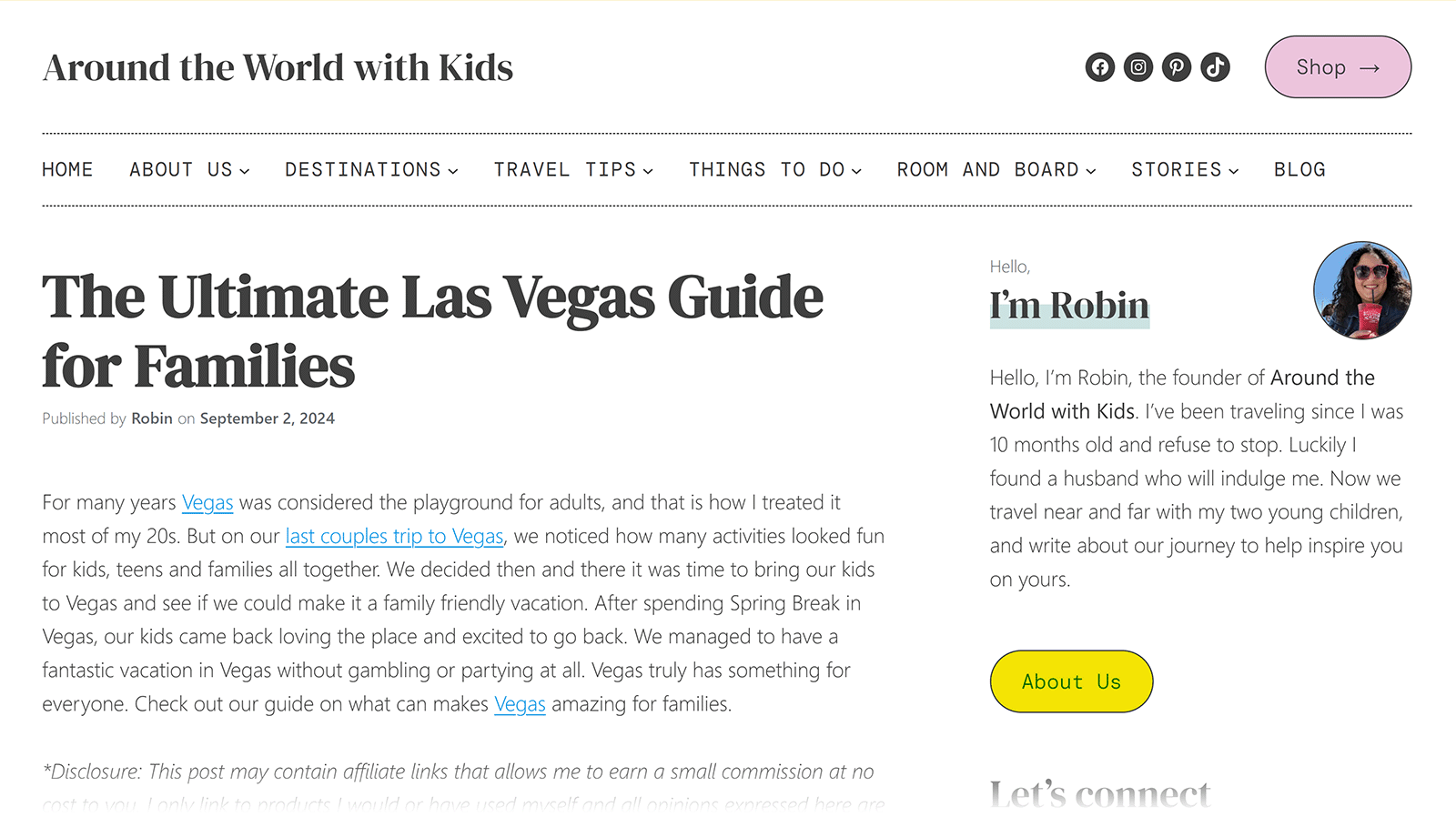 Blog post titled &ldquo;The Ultimate Las Vegas Guide for Families&rdquo; with intro text and author bio