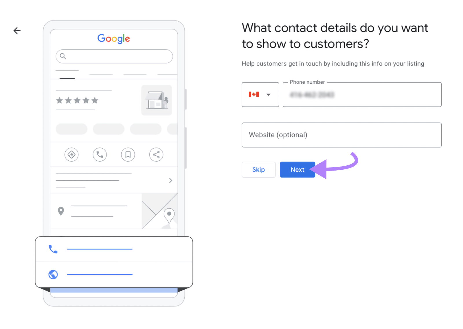 Business setup screen with phone number entered and arrow pointing to &ldquo;Next.&rdquo;
