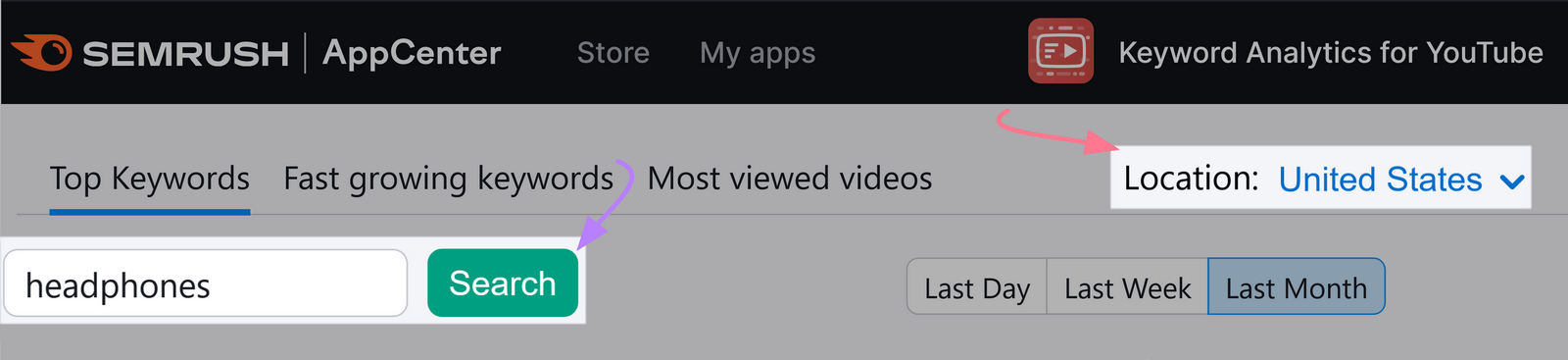 Search for &ldquo;headphones&rdquo; with location set as the United States on Keyword Analytics for YouTube.