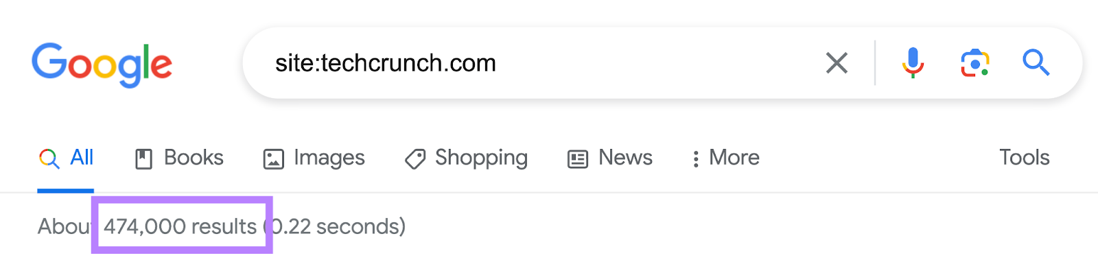 number of indexed pages for &ldquo;site:techcrunch.com&rdquo; showing "about 474,000 results (0.22 seconds)"