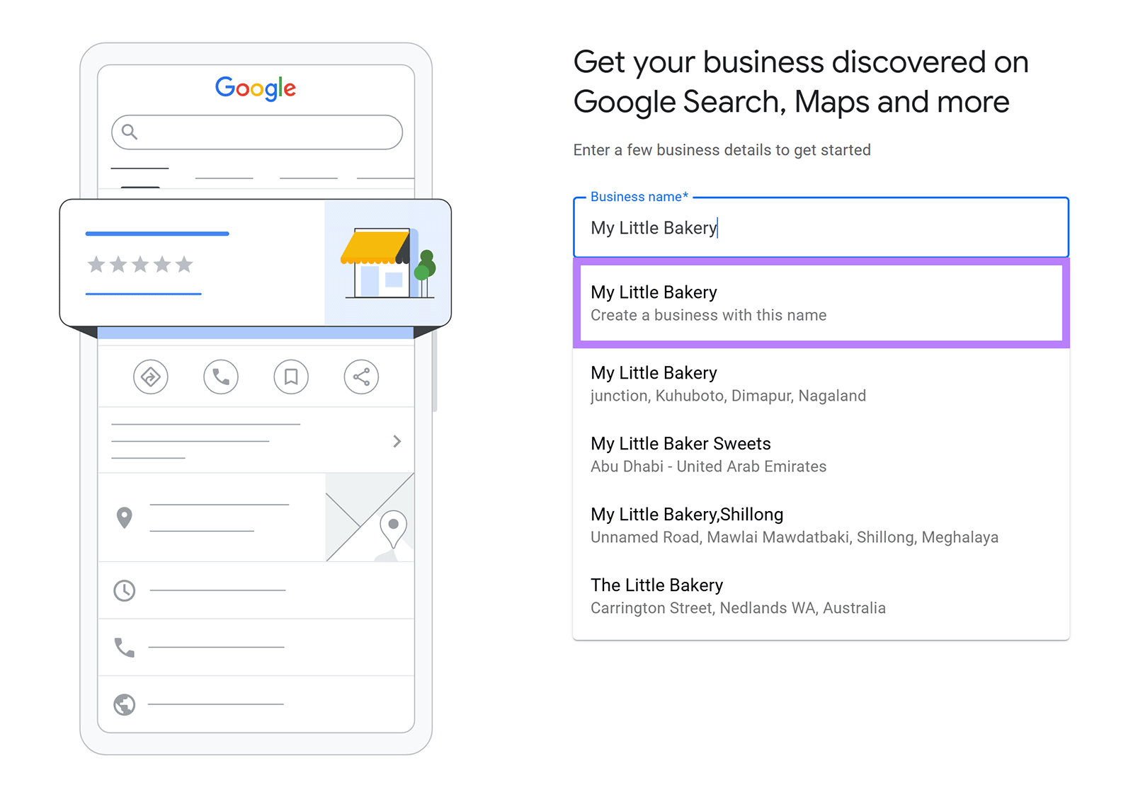 Business creation screen with &ldquo;My Little Bakery&rdquo; name option highlighted.