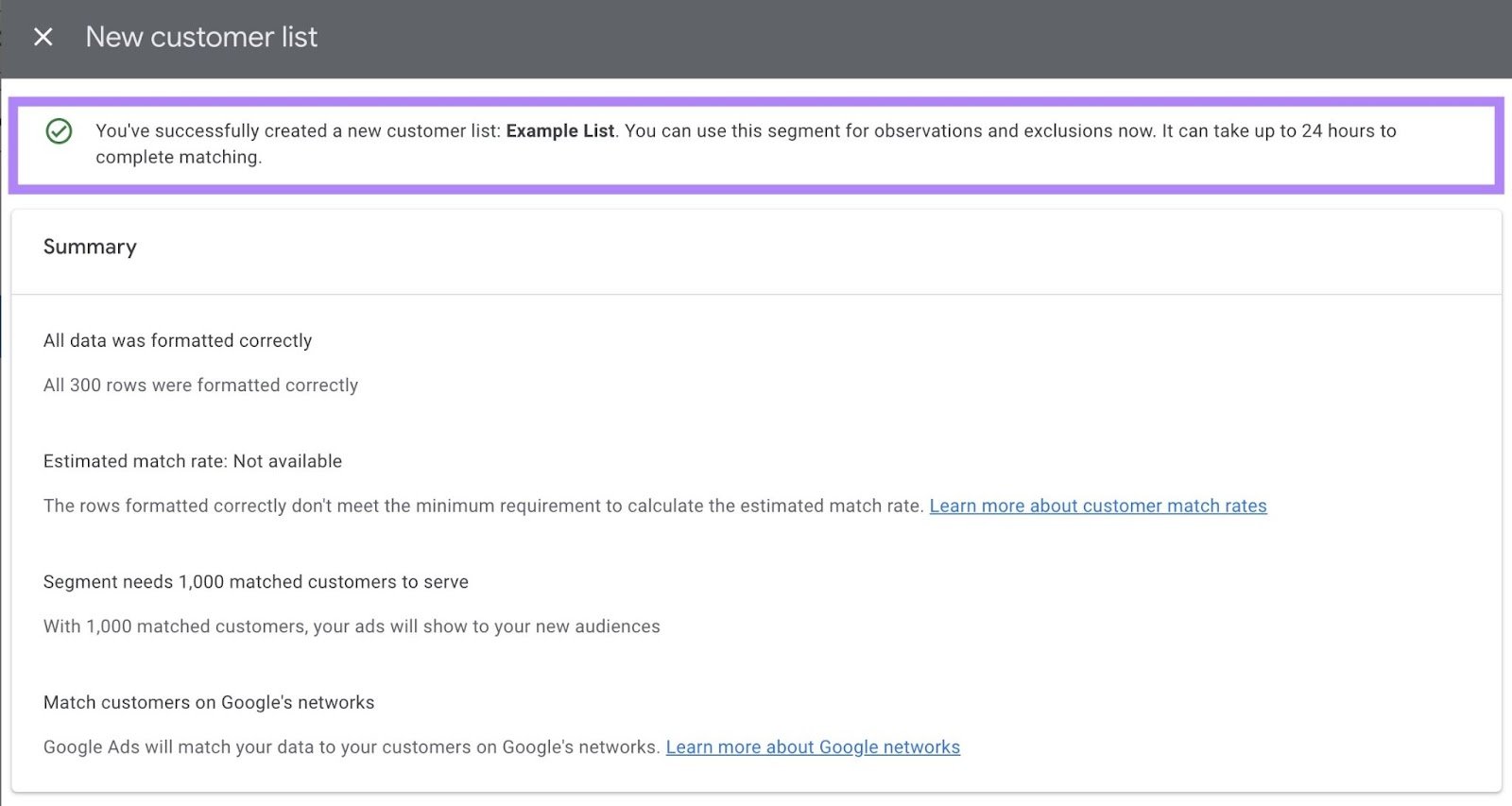 Message you see when you have successfully created a new customer list on Google Ads along with the summarized details of your list.