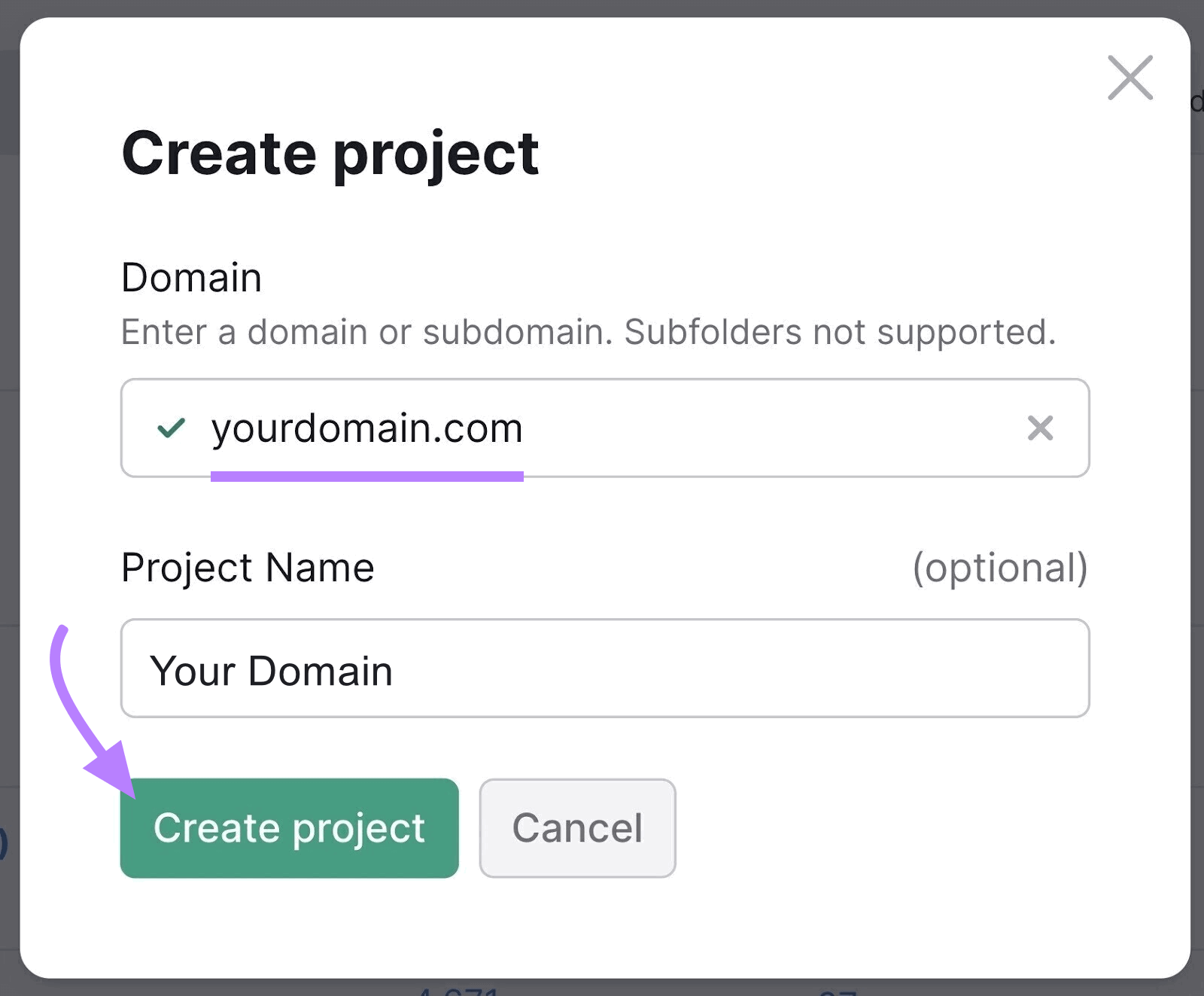 "Create project&rdquo; section in Site Audit