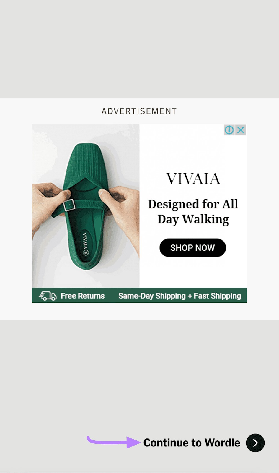 An interstitial ad in The New York Times&rsquo;s Wordle game on mobile