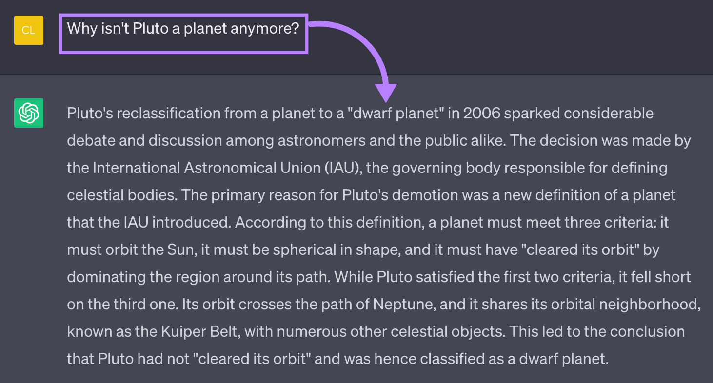 ChatGPT's response to "Why isn&rsquo;t Pluto a planet anymore?" prompt