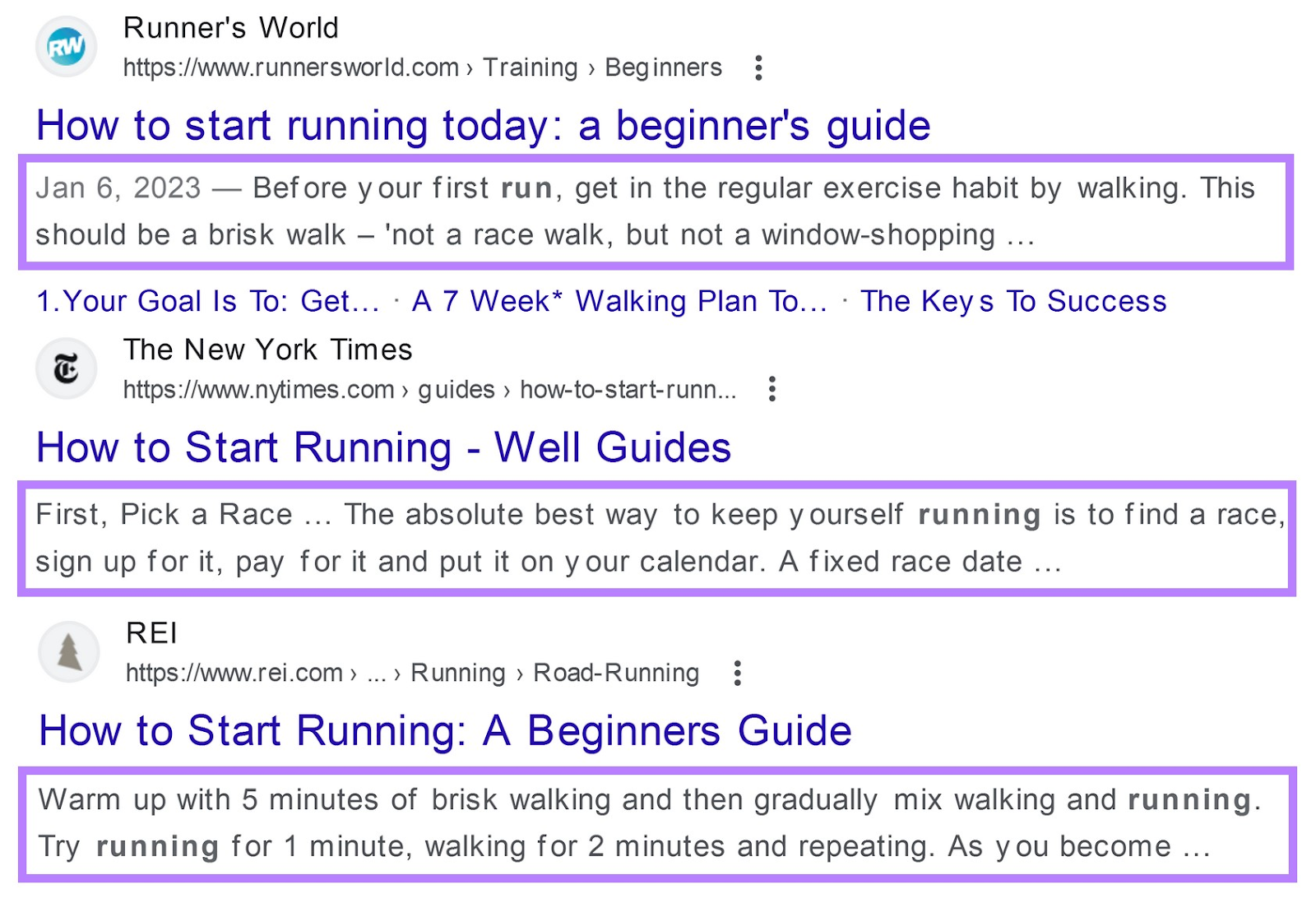 Google SERP for &ldquo;how to start running&rdquo; with meta descriptions highlighted in purple