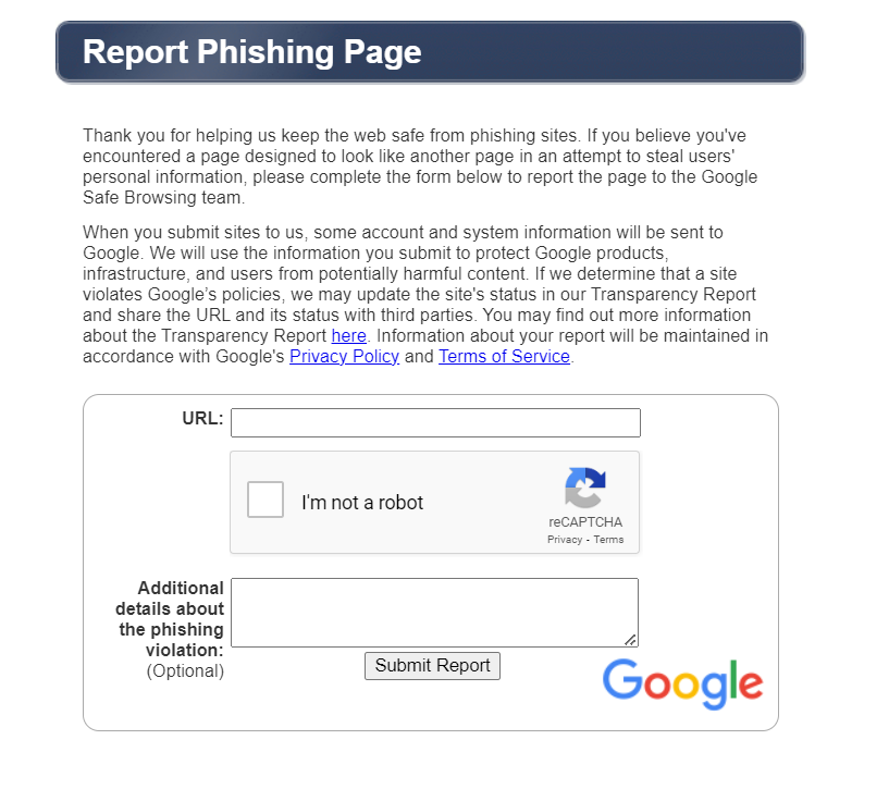 Google&rsquo;s &ldquo;Report a Phishing Page&rdquo; form