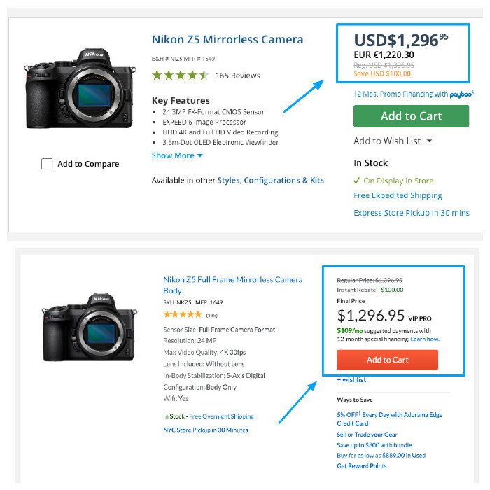 A screenshot comparison of the Nikon Z5 camera for sale on B&H and Adorama shows that the two websites offer an identical price point for this particular product.&nbsp;
