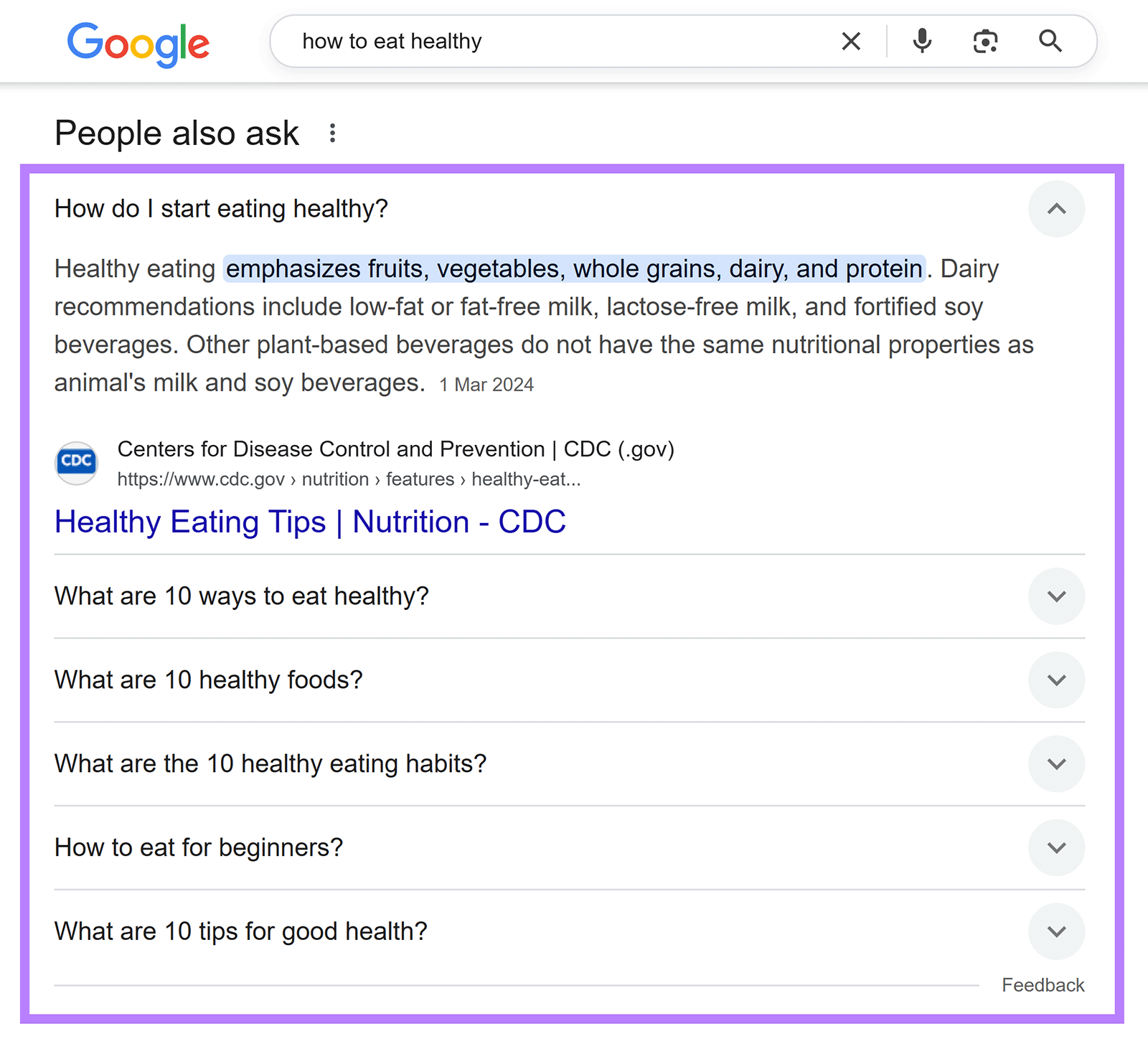 Google &ldquo;People Also Ask&rdquo; section for &ldquo;how to eat healthy,&rdquo; with the answer box and list of questions outlined