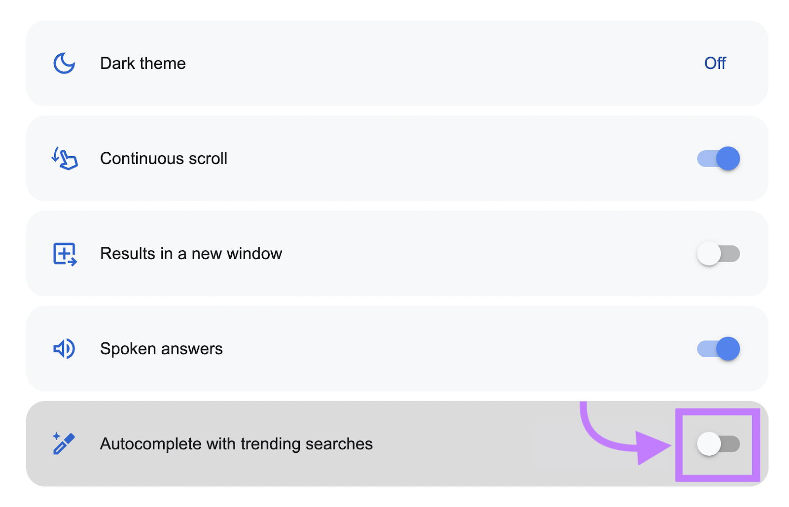 &ldquo;Auto-complete with trending searches&rdquo; switch