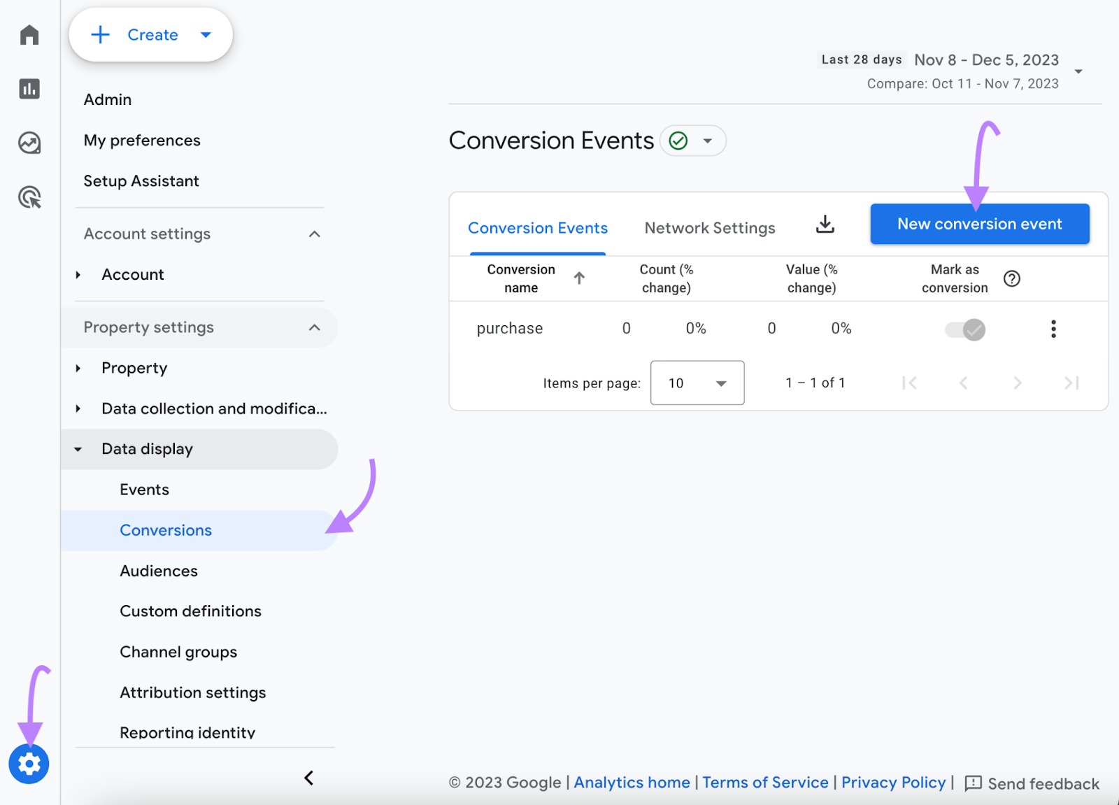 Navigating to &ldquo;New conversion event" in GA4 admin