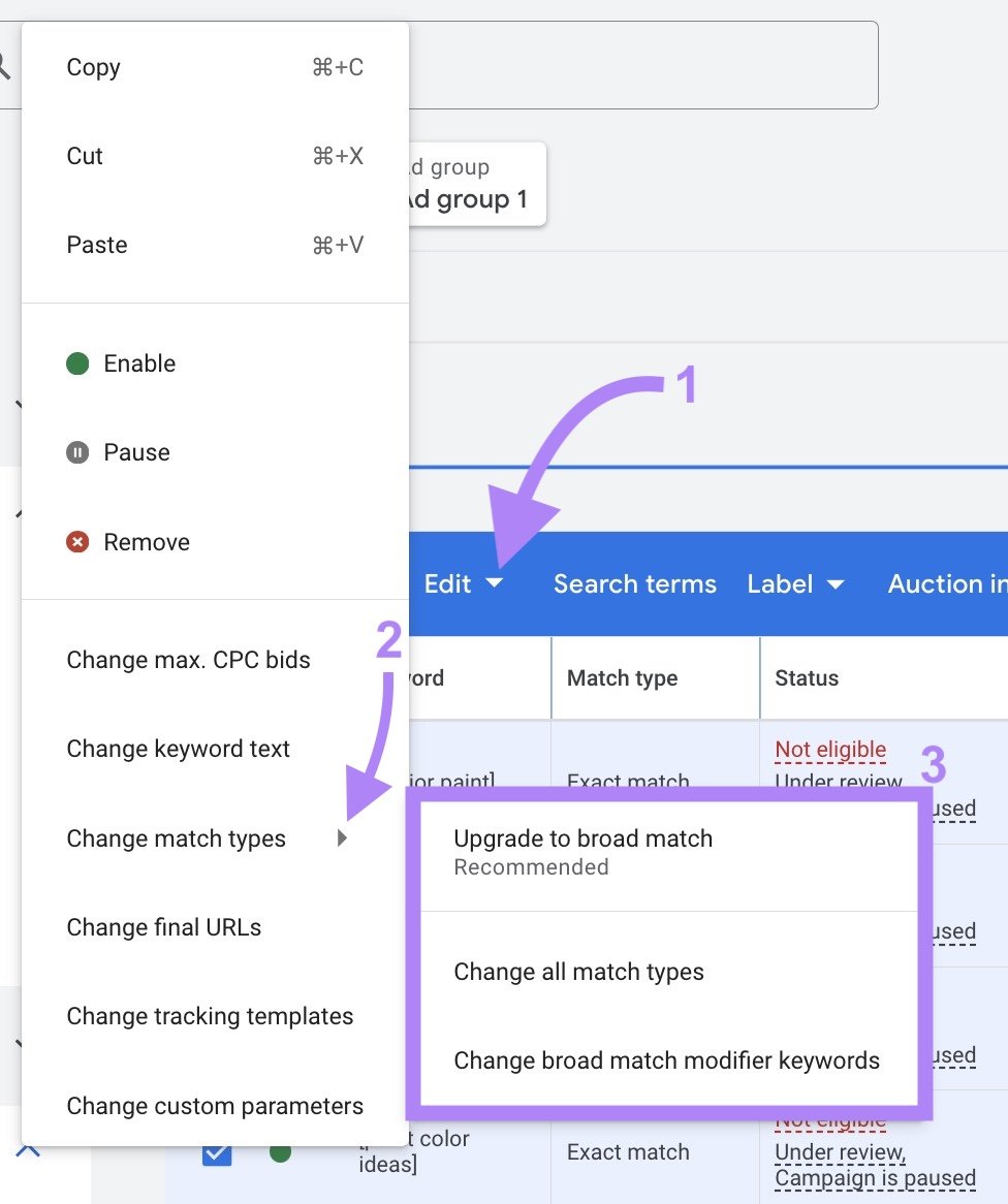 Changing the match type for multiple keywords at once by clicking "Edit" and then "Change match types."