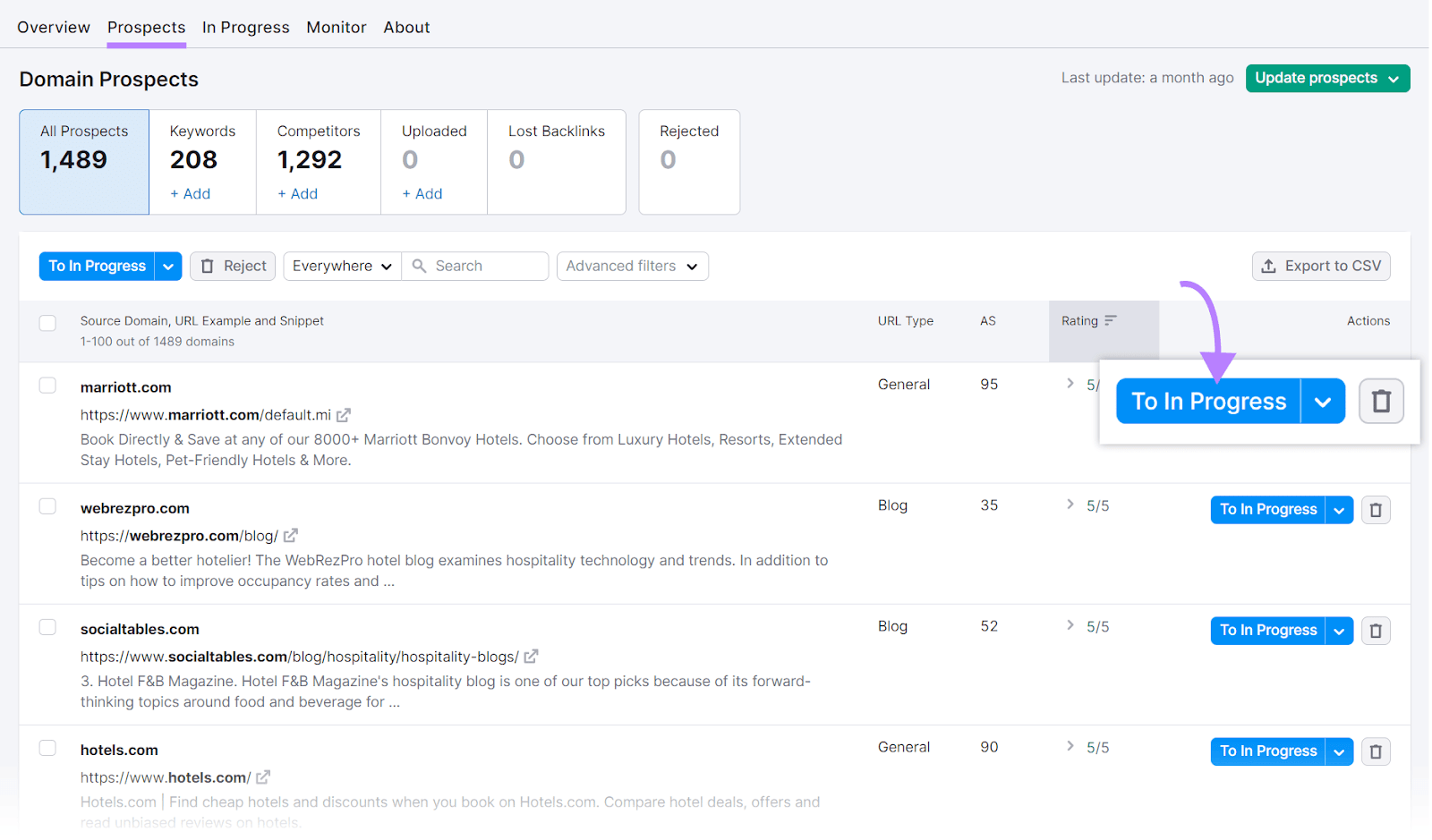 &ldquo;To In Progress&rdquo; button highlighted next to a result under "Prospects" report