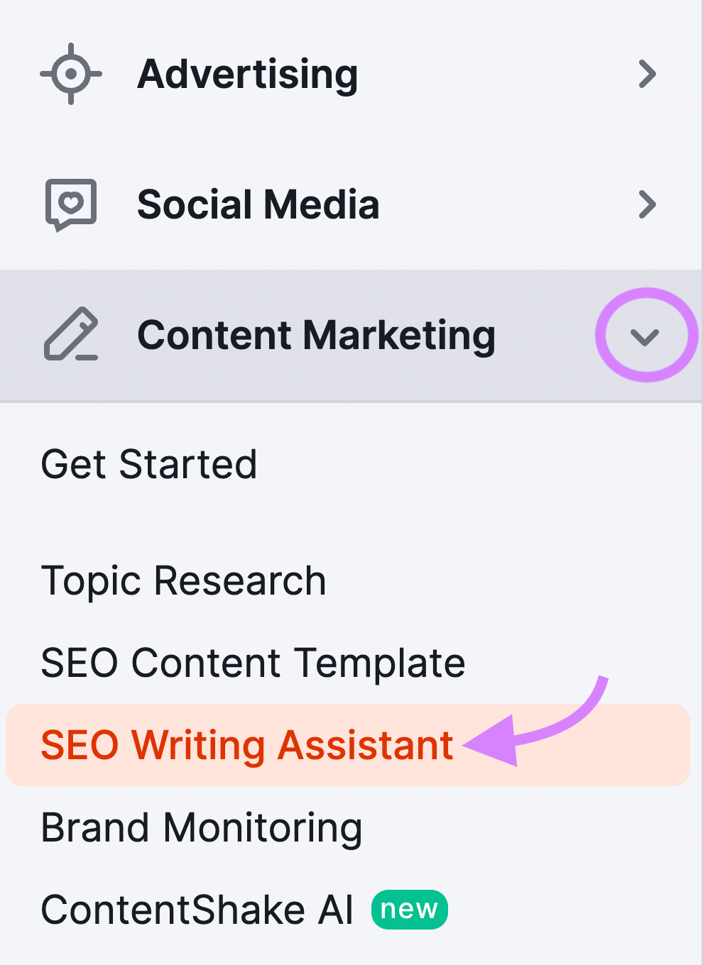 "SEO Writing Assistant&rdquo; selected from the Semrush menu