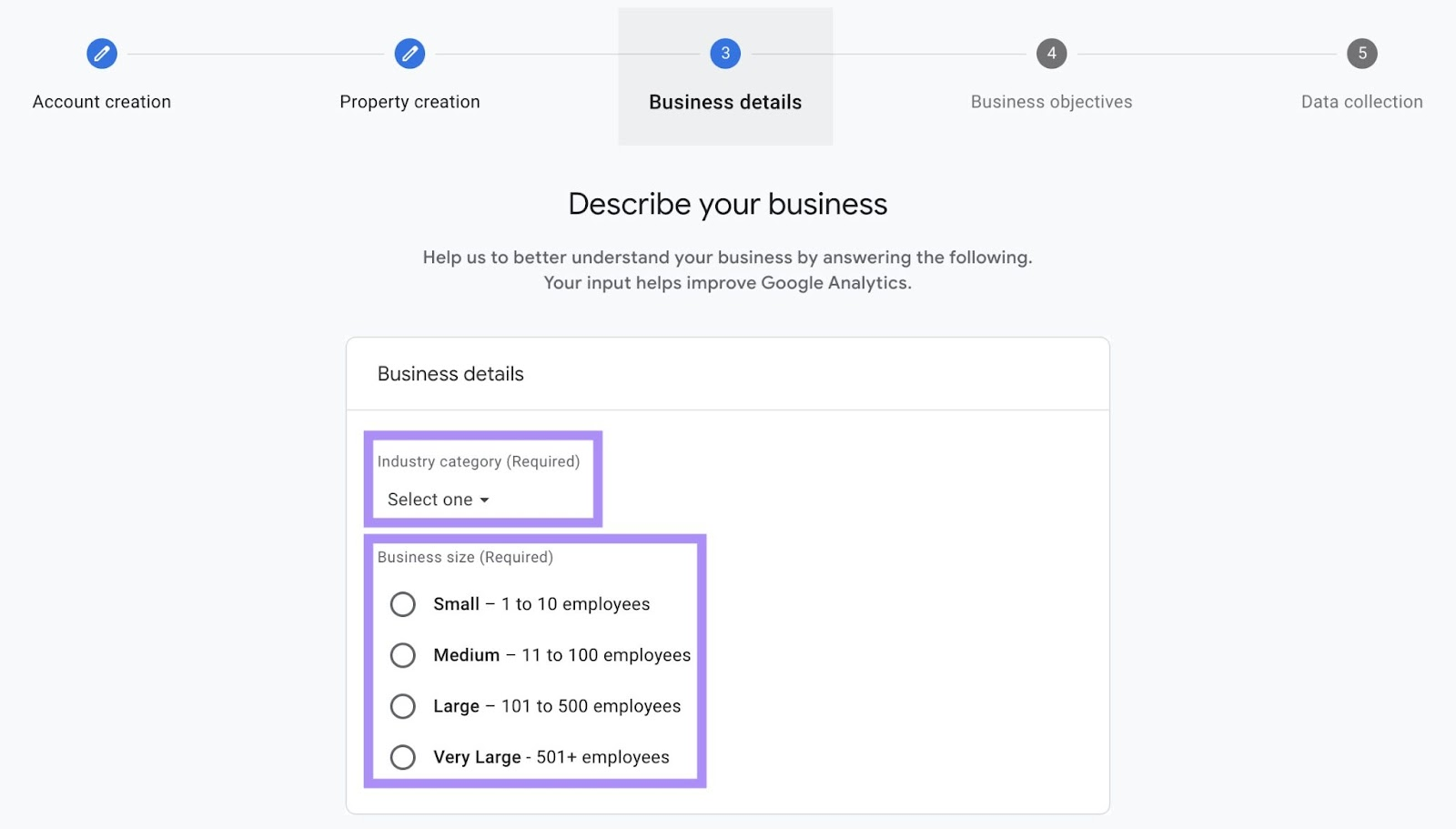 &ldquo;Industry category&rdquo; and &ldquo;Business size&rdquo; fields under "Describe your business" step