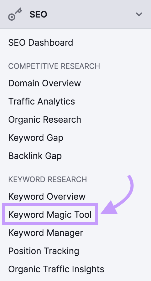 Navigating to &ldquo;Keyword Magic Tool&rdquo; in Semrush dashboard