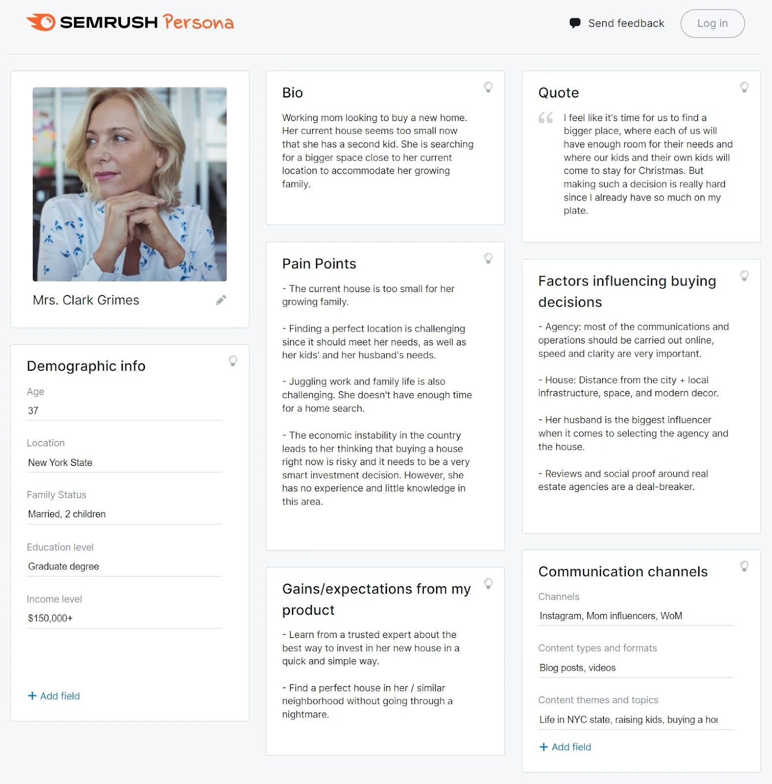 An example of a buyer persona created with Semrush Persona tool
