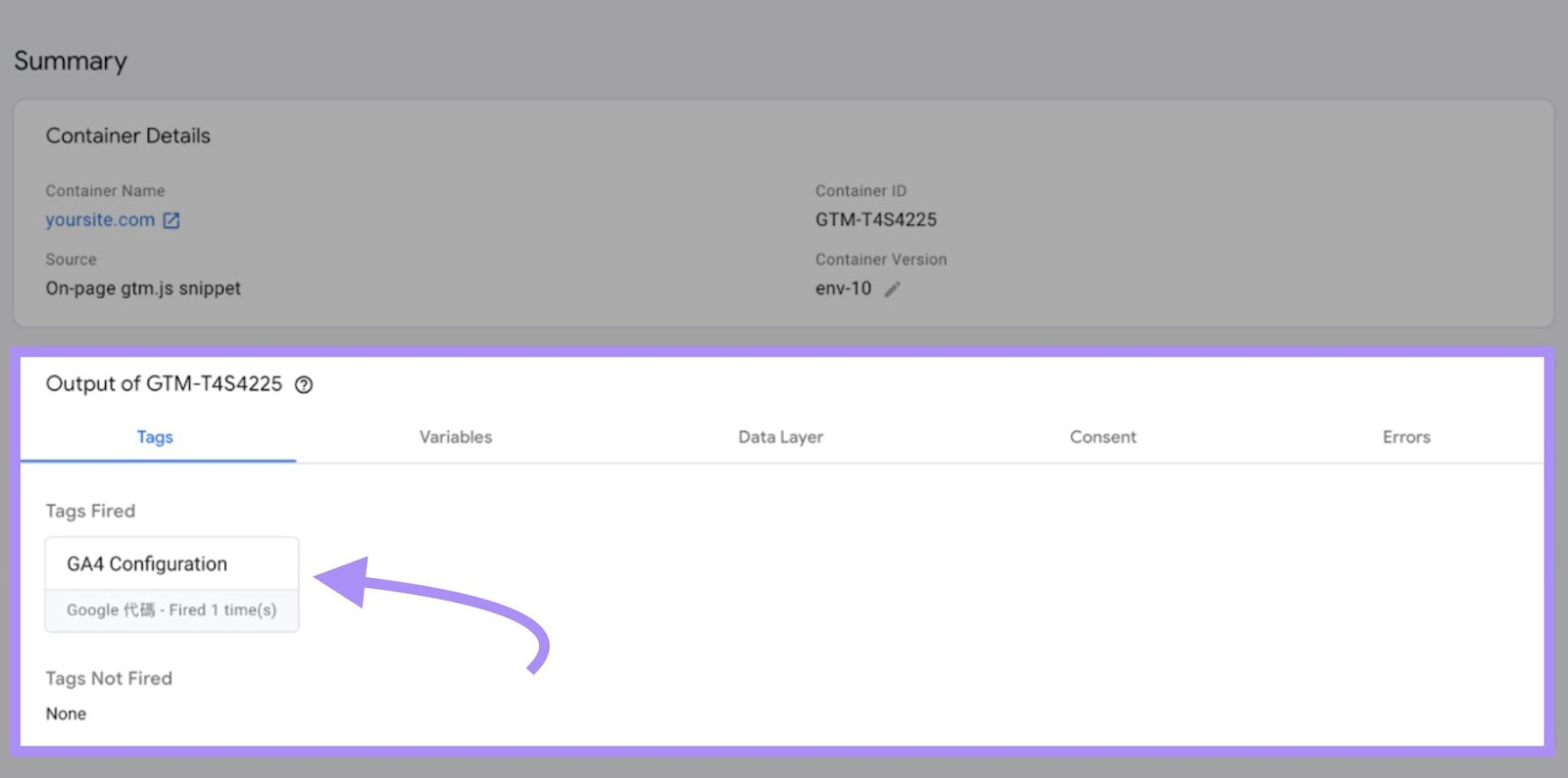 &ldquo;Tags Fired&rdquo; category highlighted