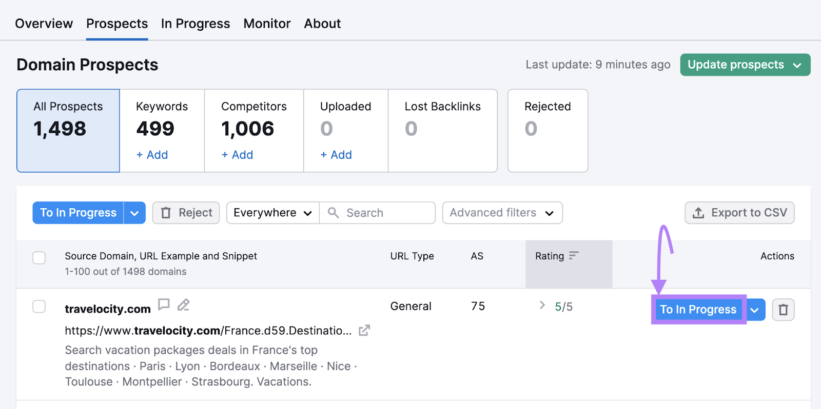 &ldquo;To In Progress" button highlighted next to "travelocity.com" prospect in Link Building tool